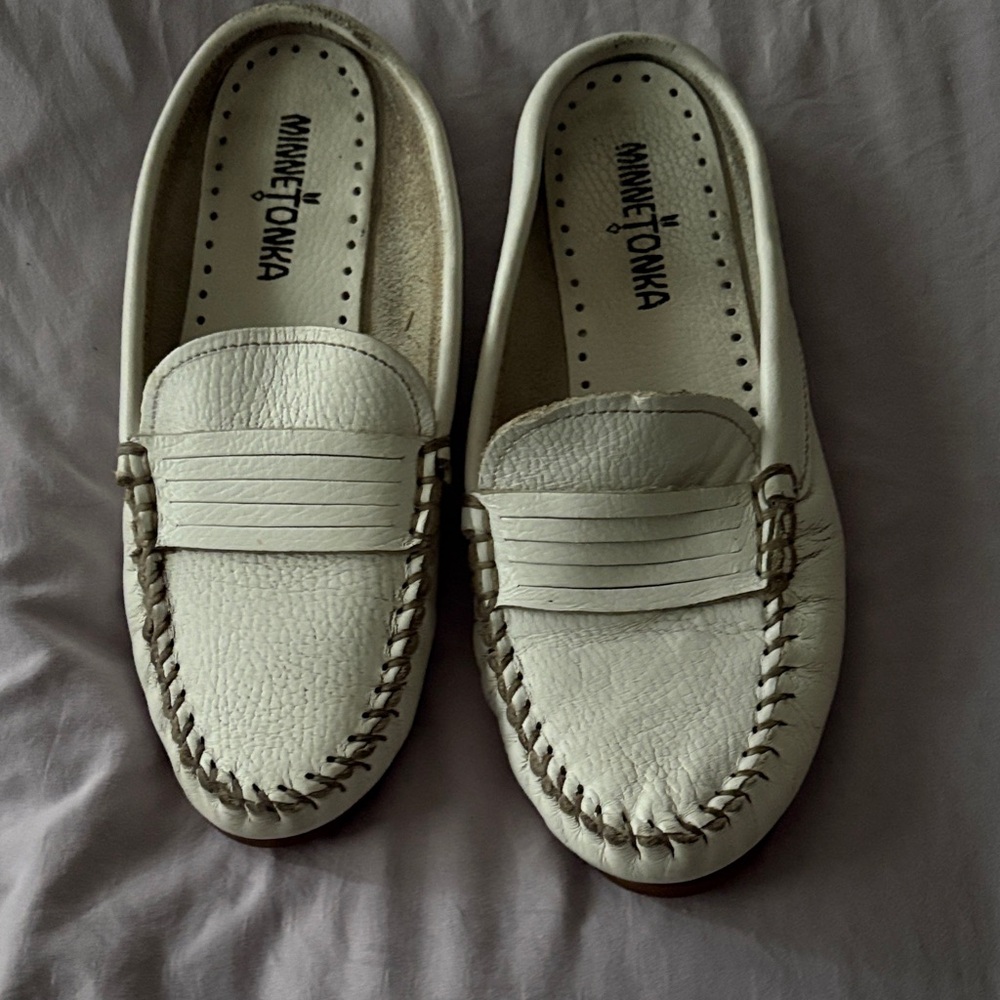 Minnetonka Cream Leather Penny Loafers